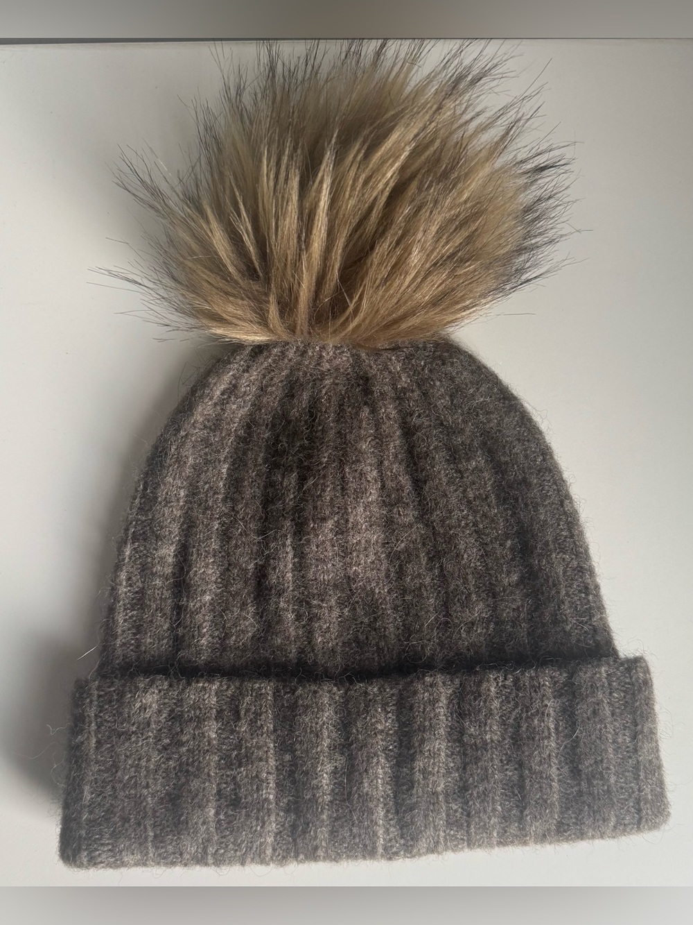 Aritzia  Aixiliary Wool Alpaca Faux Fur Pom Pom Beanie Taupe NWOT